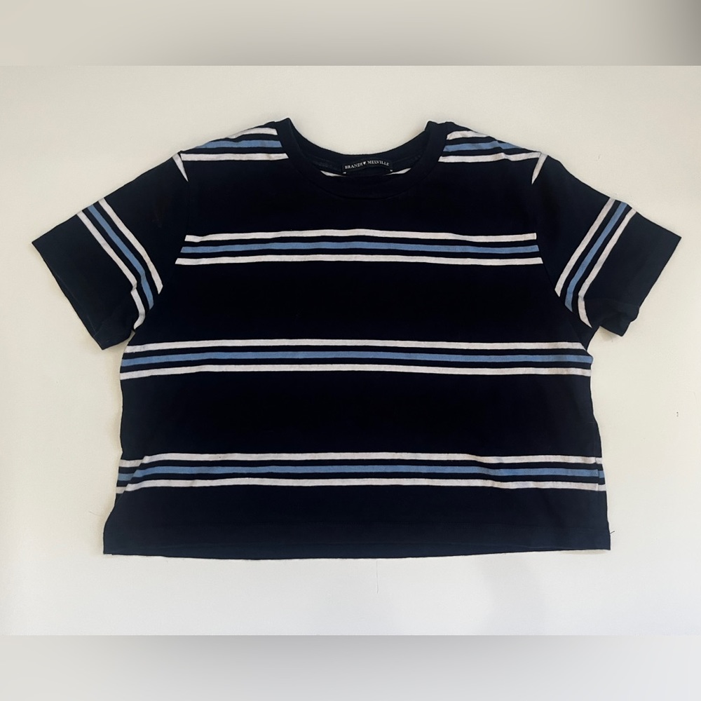 Brandy Melville Striped Navy Blue White Blue Short Sleeve Crop Tee